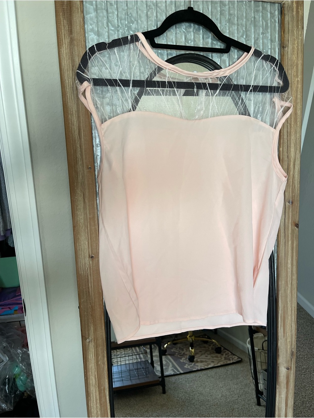 Sheer Yoke Sleeveless Blouse - Soft Pink